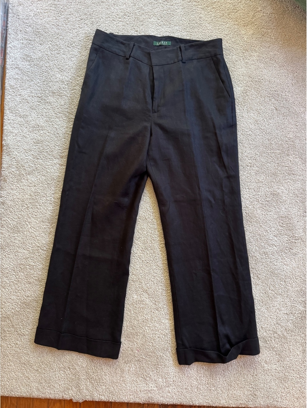 Lauren Ralph Lauren Black 100% Linen Cuffed Wide Leg Trouser Pants Size 12